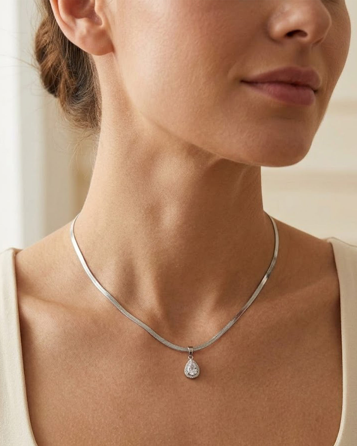 Silver Pear-Cut Halo Pendant Necklace