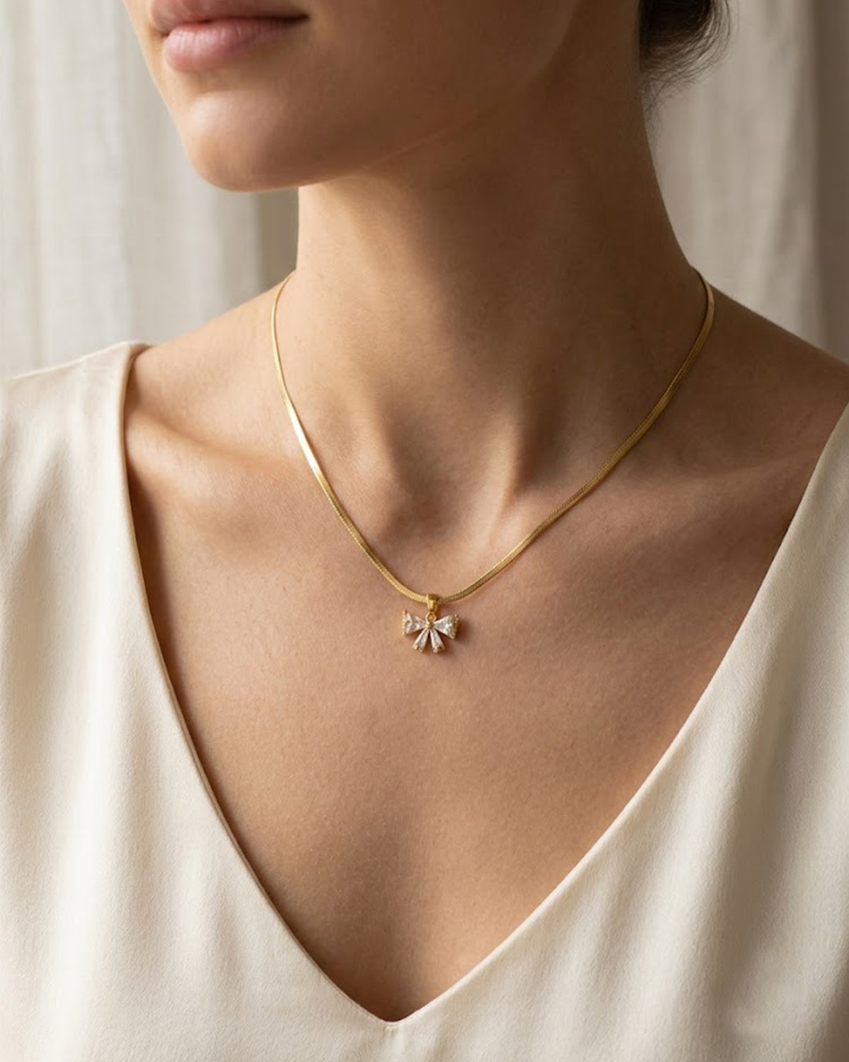 Sparkling Crystal Bow Ribbon Snake Chain Necklace