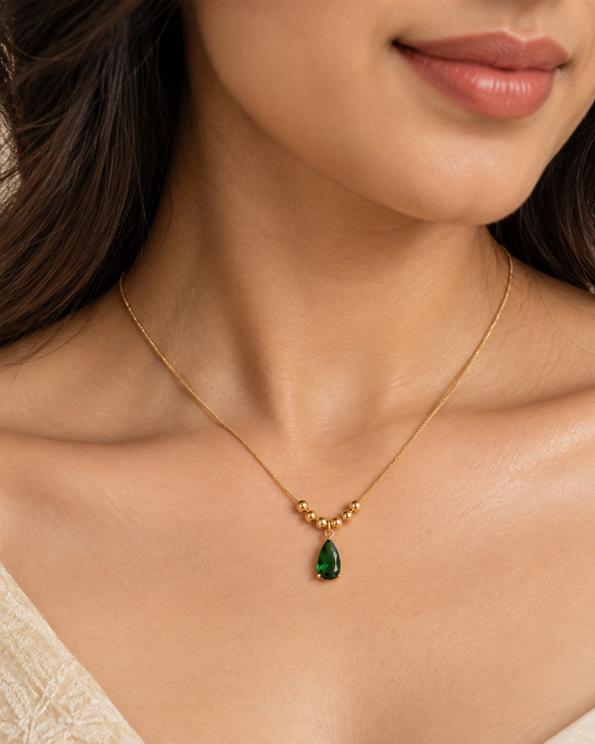 Gold Beaded Pear-Cut Emerald Crystal Necklace