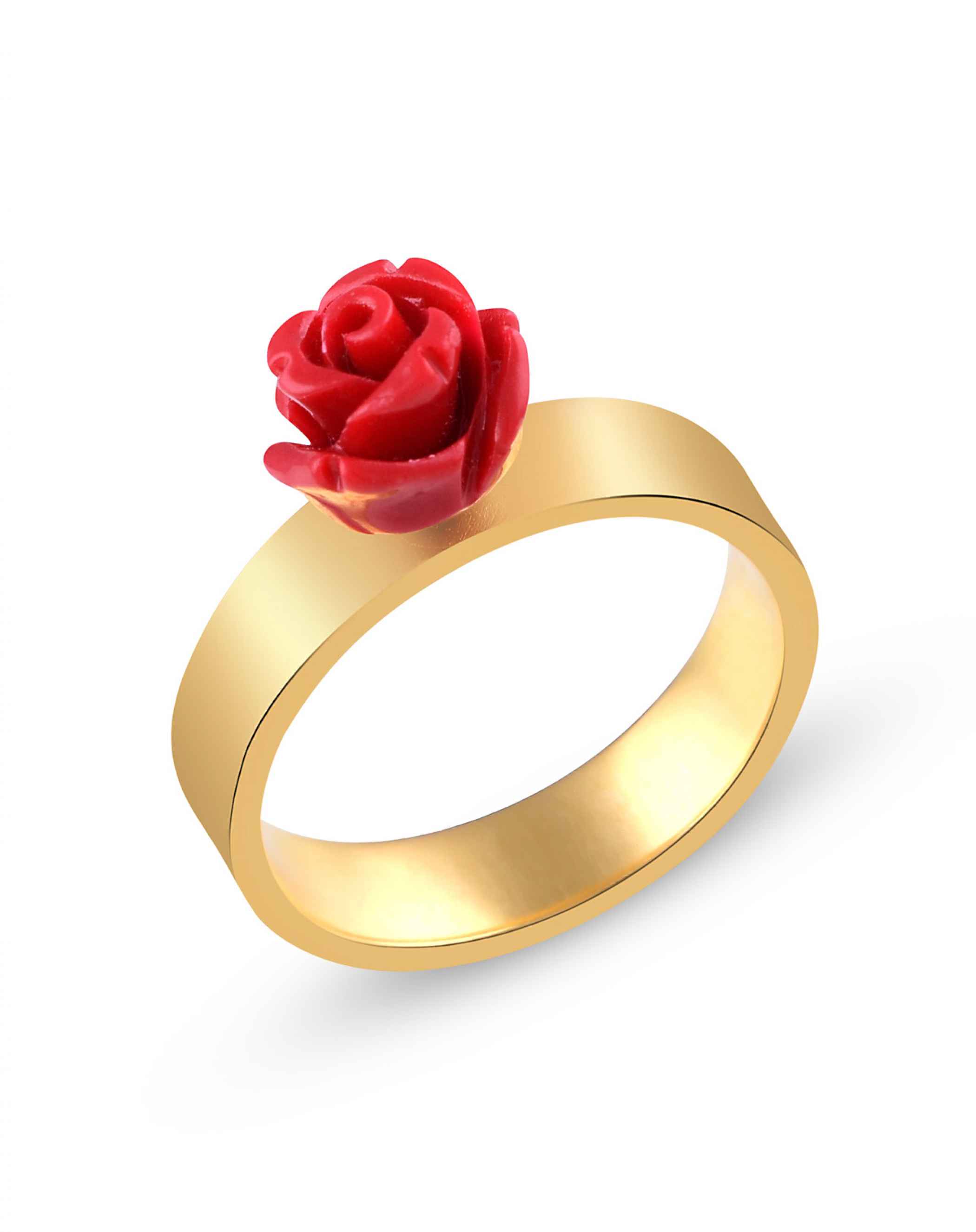 Two gold wedding rings with a red rose on the blue