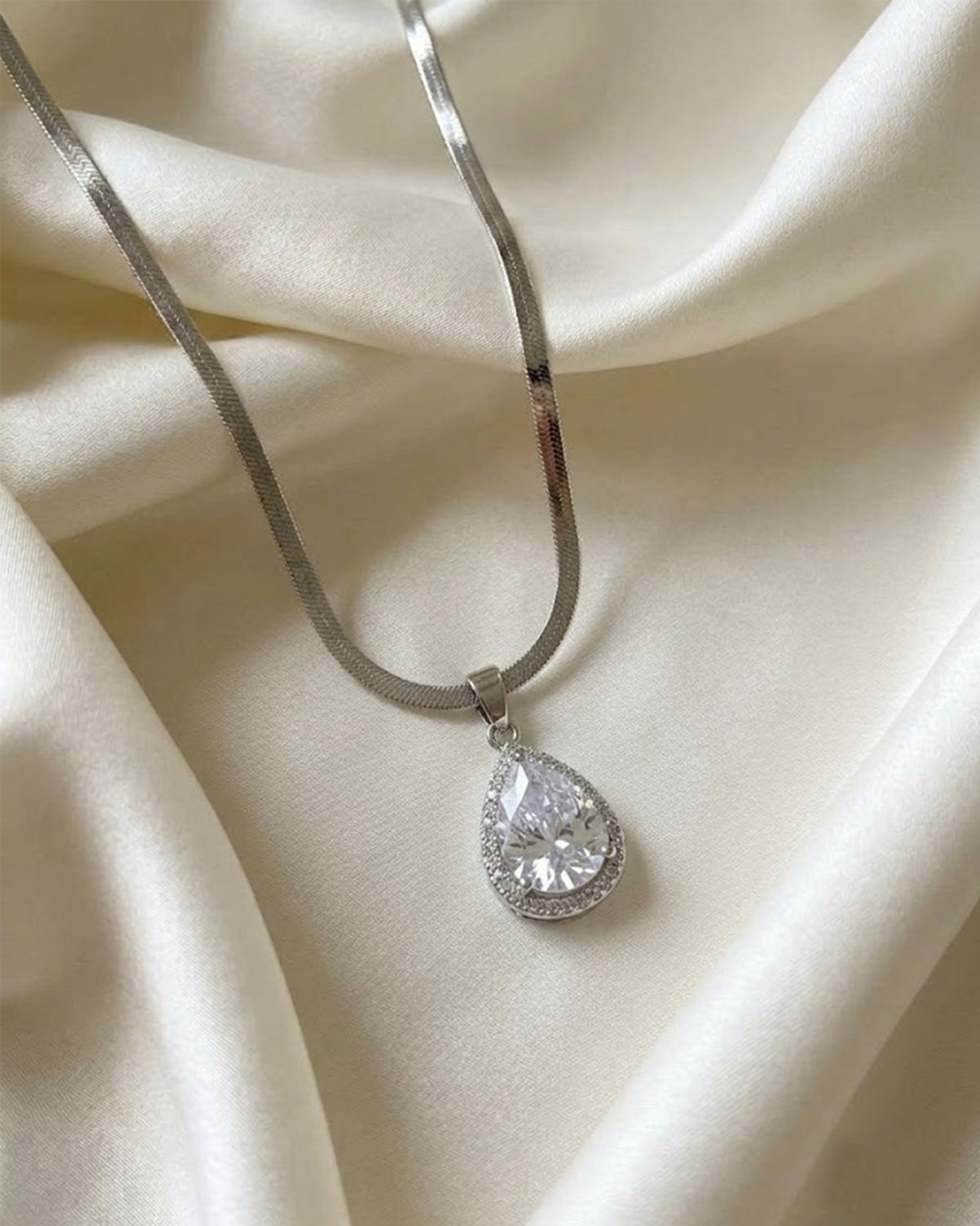 Silver Pear-Cut Halo Pendant Necklace