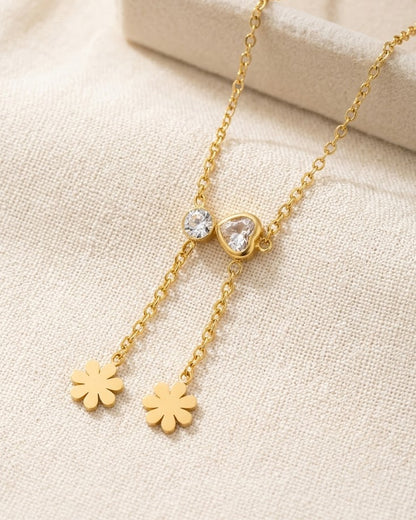 Chic Gold Lariat Drop Necklace with Sparking Crystals & Flower Charms