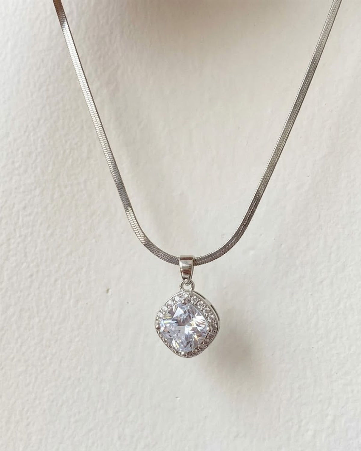 Silver Cushion-Cut Halo Pendant Necklace