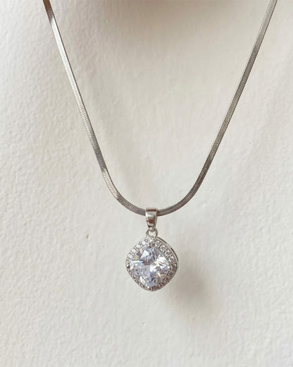 Silver Cushion-Cut Halo Pendant Necklace