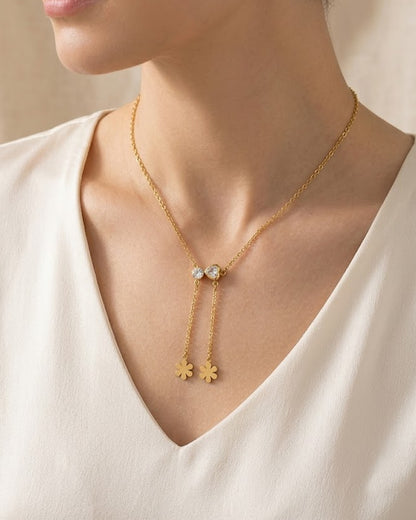 Chic Gold Lariat Drop Necklace with Sparking Crystals & Flower Charms