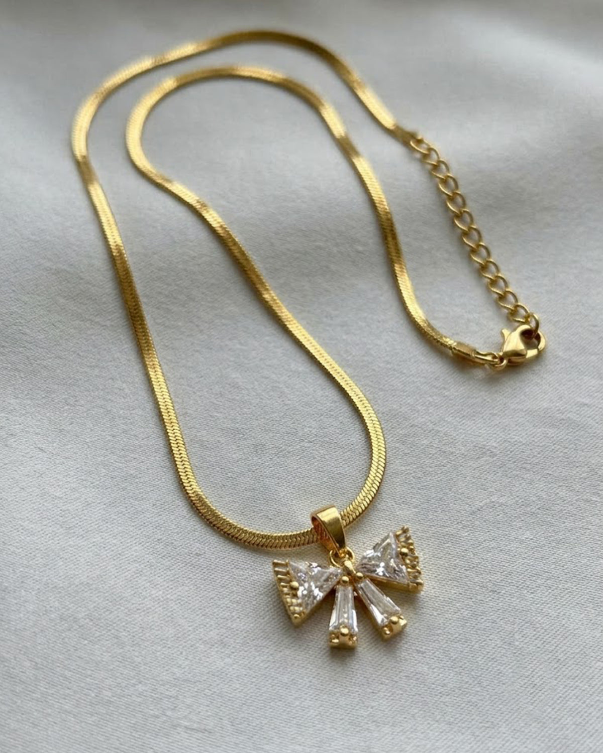 Sparkling Crystal Bow Ribbon Snake Chain Necklace