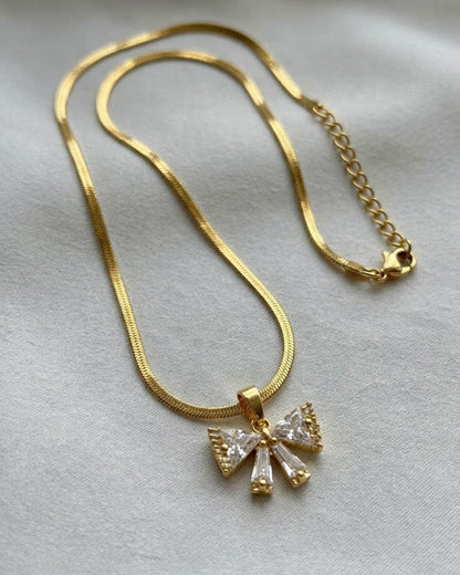 Sparkling Crystal Bow Ribbon Snake Chain Necklace