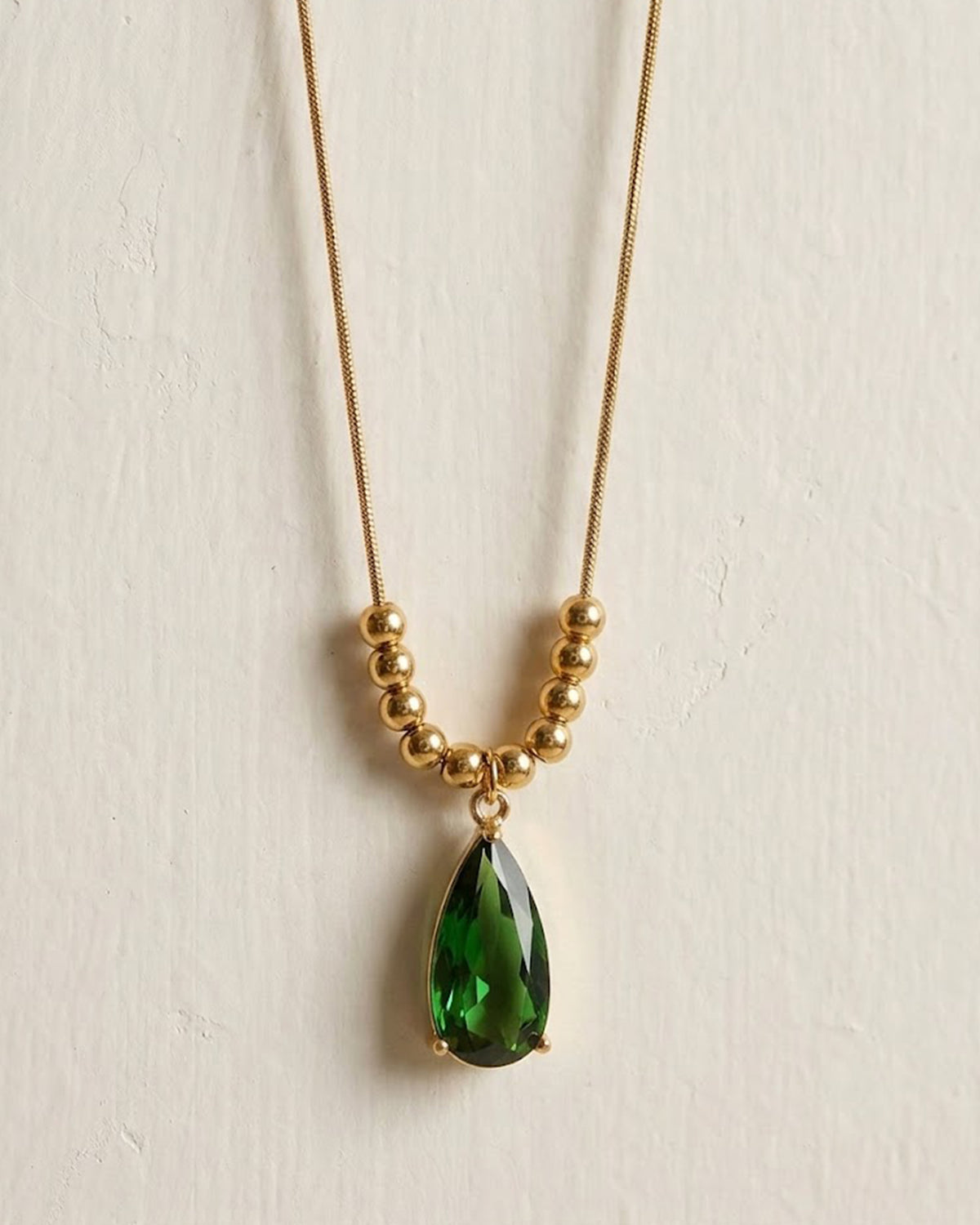 Gold Beaded Pear-Cut Emerald Crystal Necklace