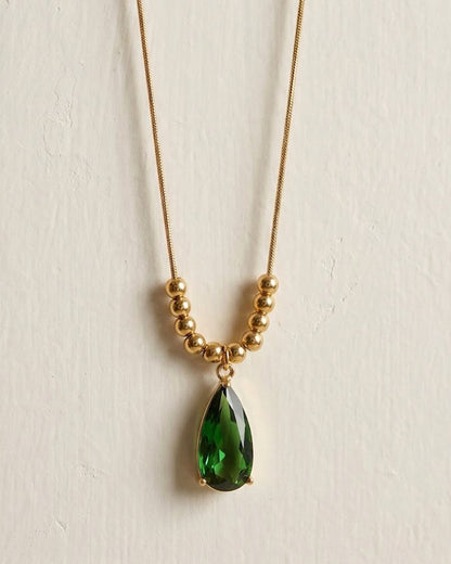 Gold Beaded Pear-Cut Emerald Crystal Necklace