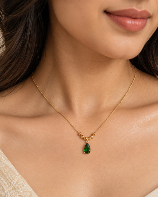Gold Beaded Pear-Cut Emerald Crystal Necklace