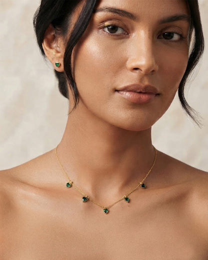 Emerald Green Heart Gemstone Station Necklace & Earring Set