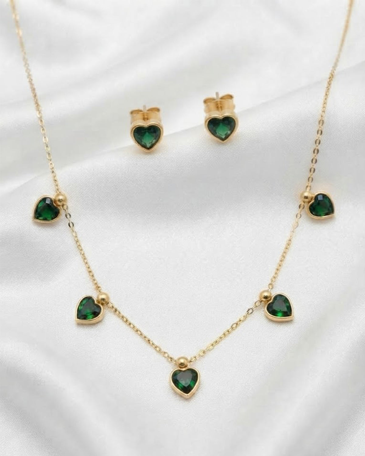 Emerald Green Heart Gemstone Station Necklace & Earring Set