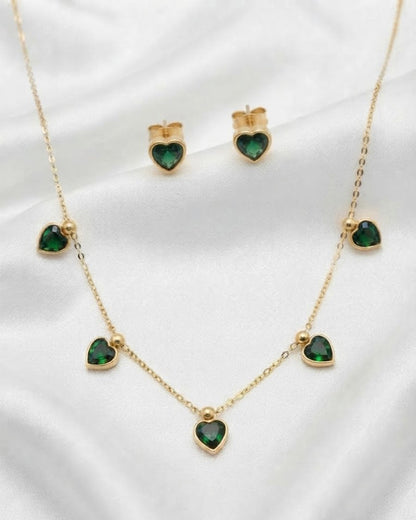 Emerald Green Heart Gemstone Station Necklace & Earring Set