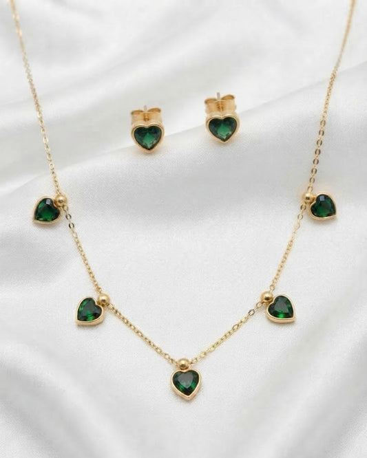 Emerald Green Heart Gemstone Station Necklace & Earring Set