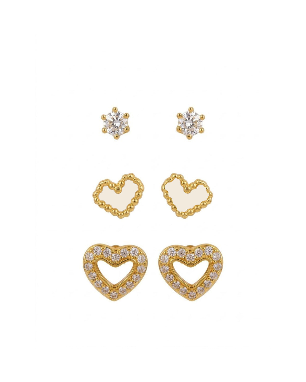 3-Pair Heart & Solitaire Stud Earring Set