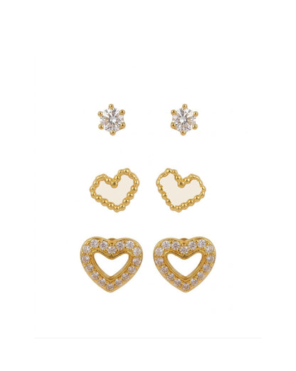 3-Pair Heart & Solitaire Stud Earring Set