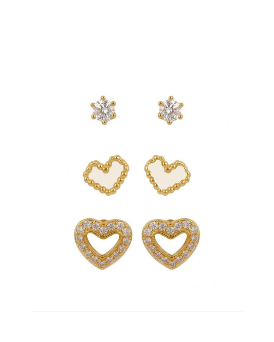3-Pair Heart & Solitaire Stud Earring Set