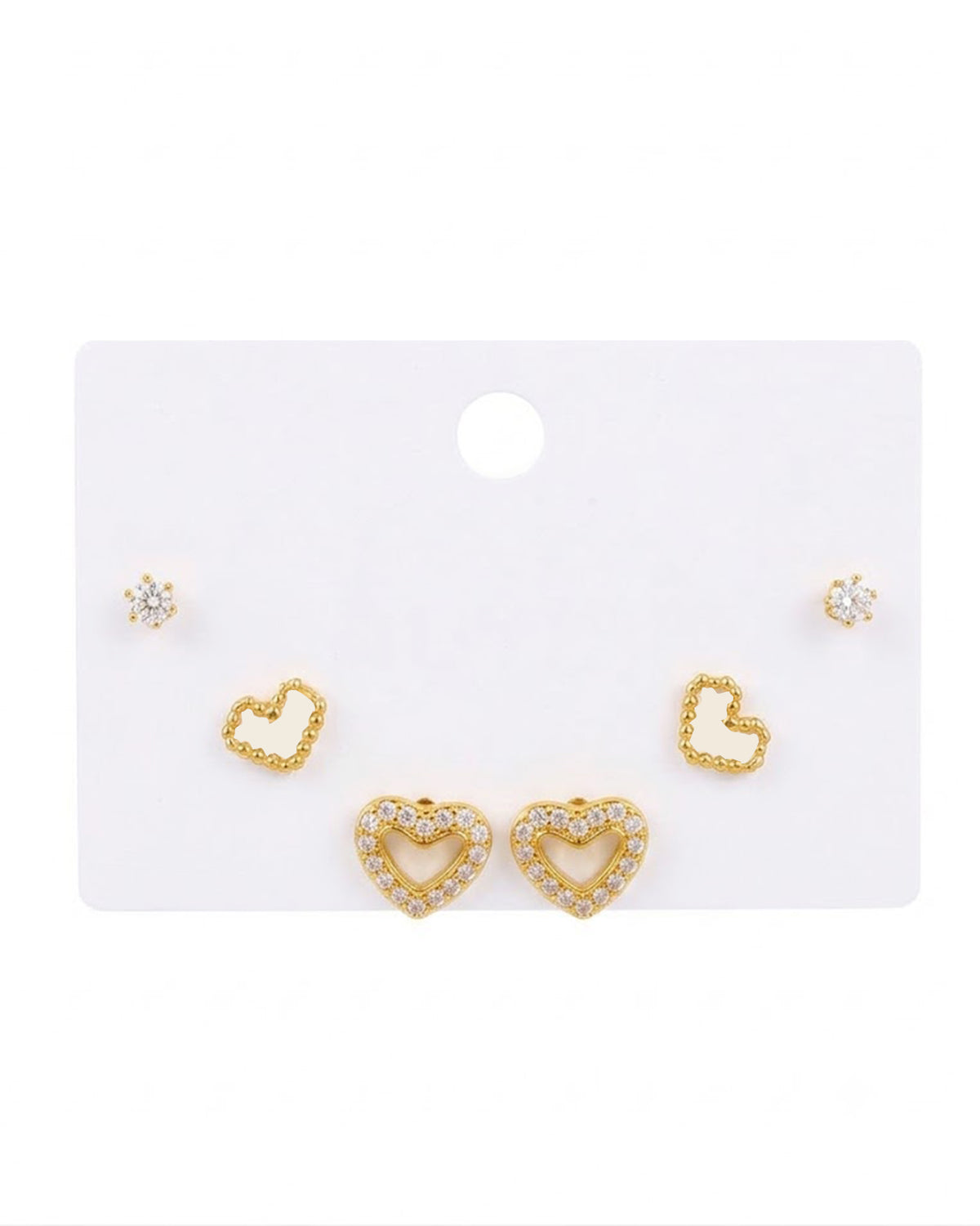 3-Pair Heart & Solitaire Stud Earring Set