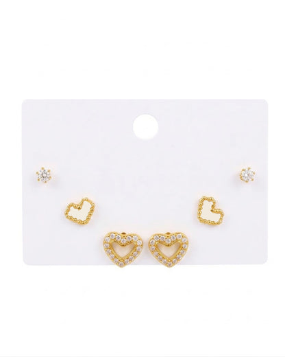 3-Pair Heart & Solitaire Stud Earring Set