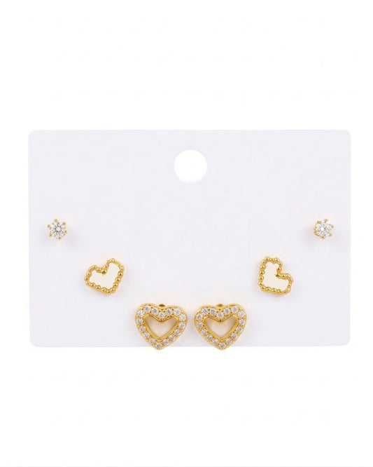 3-Pair Heart & Solitaire Stud Earring Set