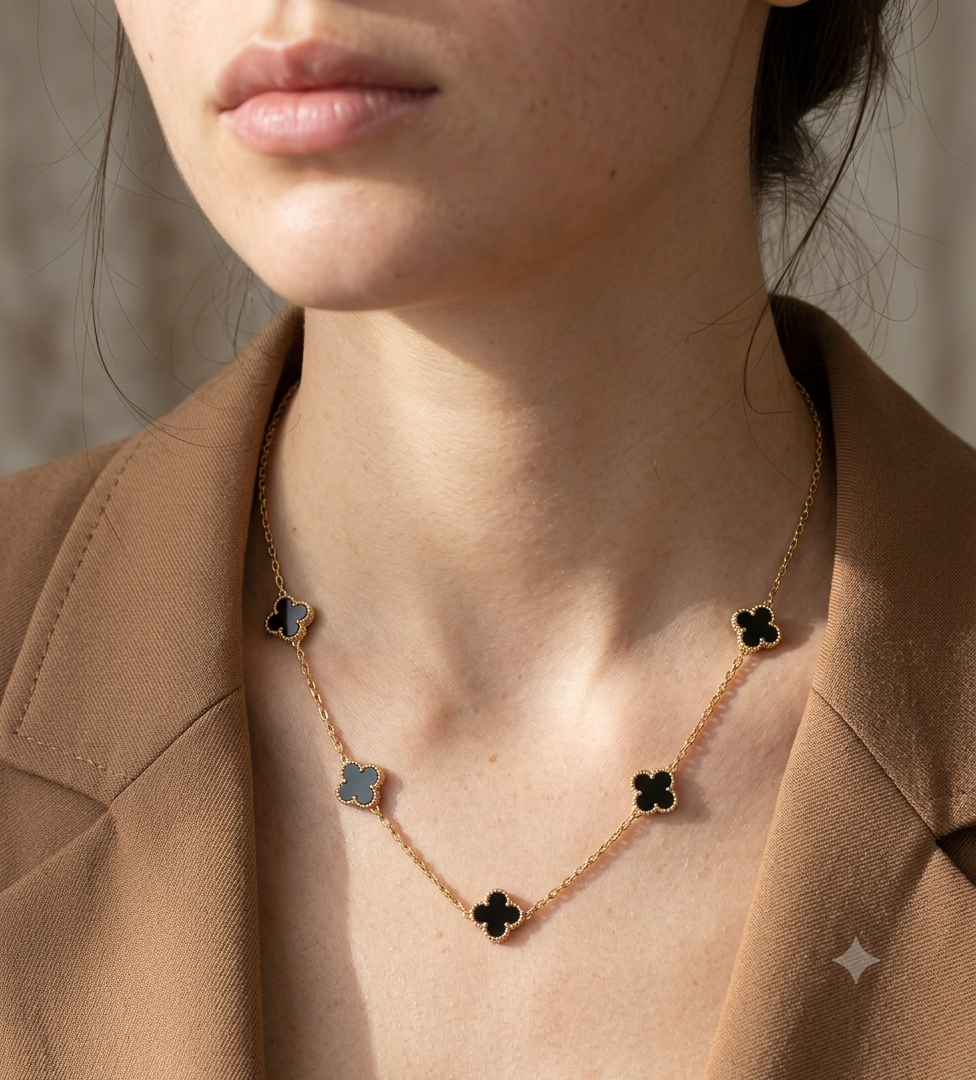 Black Onyx Clover Station Necklace | Rakhi Gift