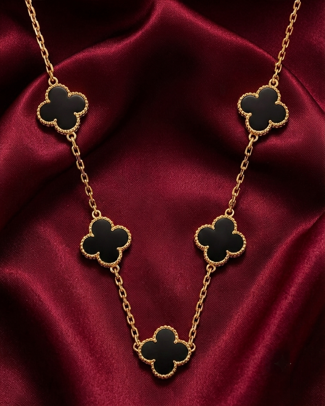 Black Onyx Clover Station Necklace | Rakhi Gift