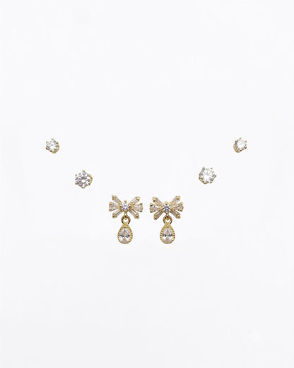 3-Pair Crystal Bow & Solitaire Stud Earring Set
