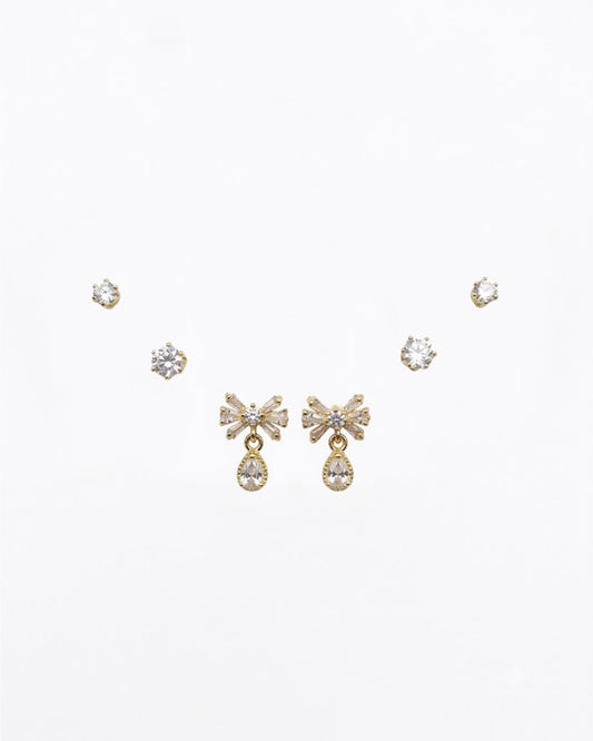3-Pair Crystal Bow & Solitaire Stud Earring Set