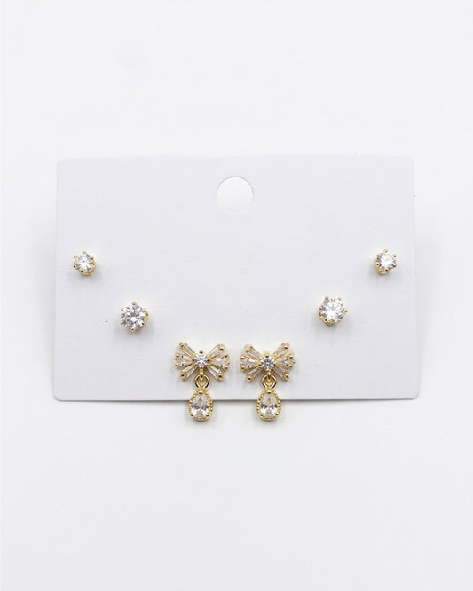 3-Pair Crystal Bow & Solitaire Stud Earring Set