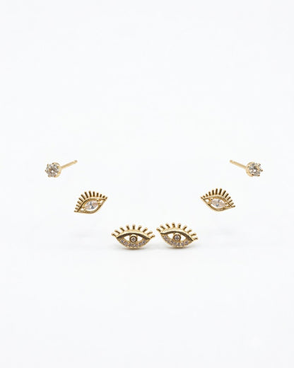 3-Pair Evil Eye & Solitaire Stud Earring Set
