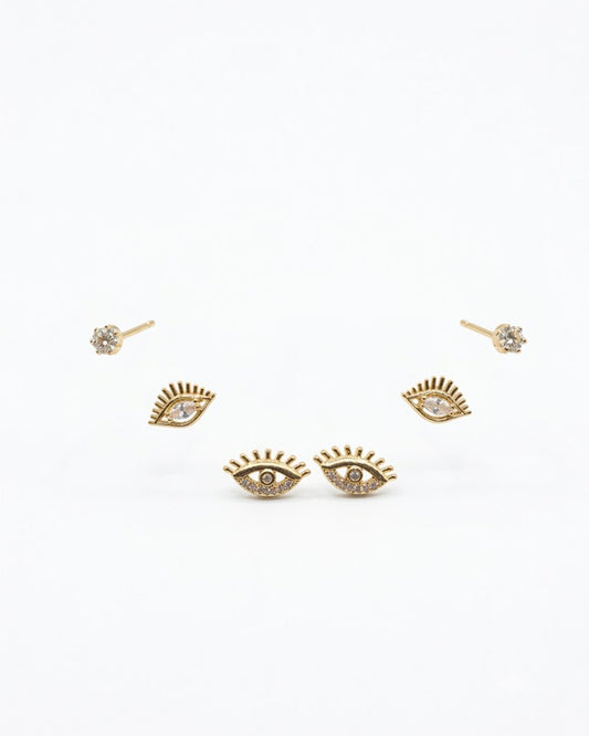 3-Pair Evil Eye & Solitaire Stud Earring Set