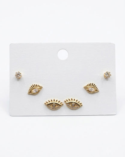 3-Pair Evil Eye & Solitaire Stud Earring Set