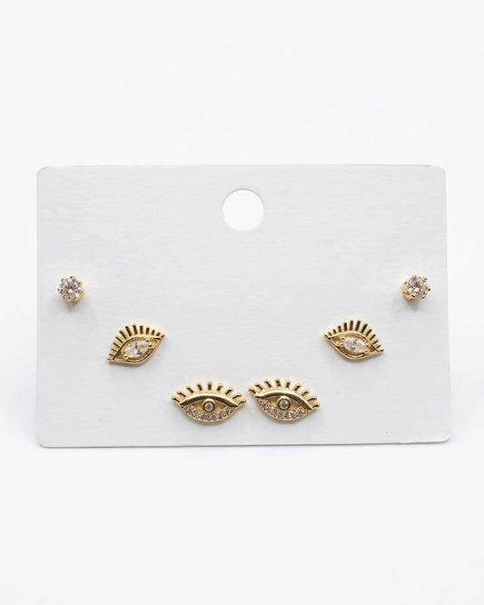 3-Pair Evil Eye & Solitaire Stud Earring Set