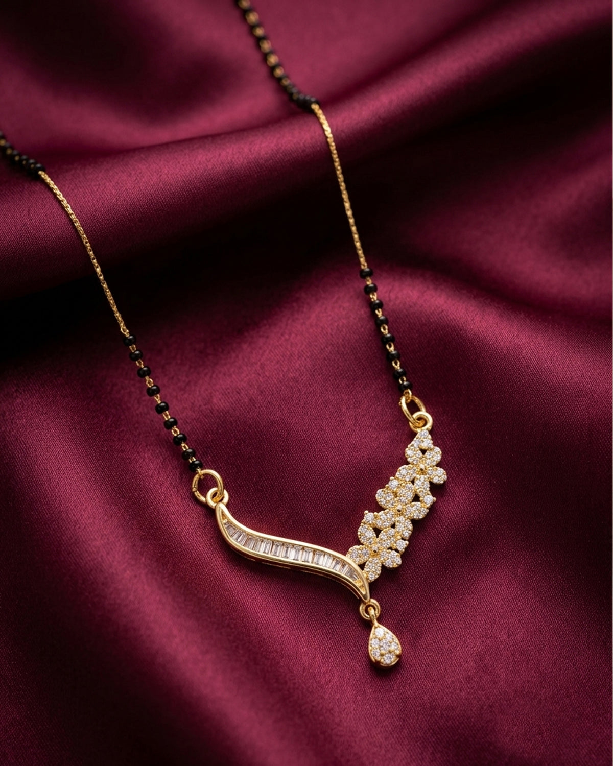 Asymmetric Floral & Baguette CZ Mangalsutra