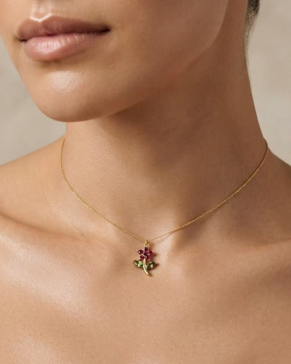 Floral Stem Gemstone Pendant Necklace